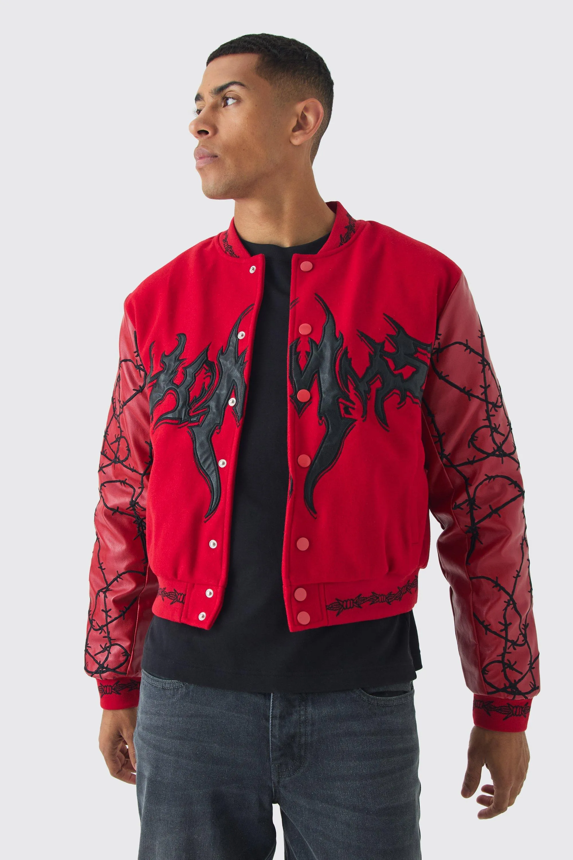 Boxy Homme Embroidered Sleeve Varsity Jacket