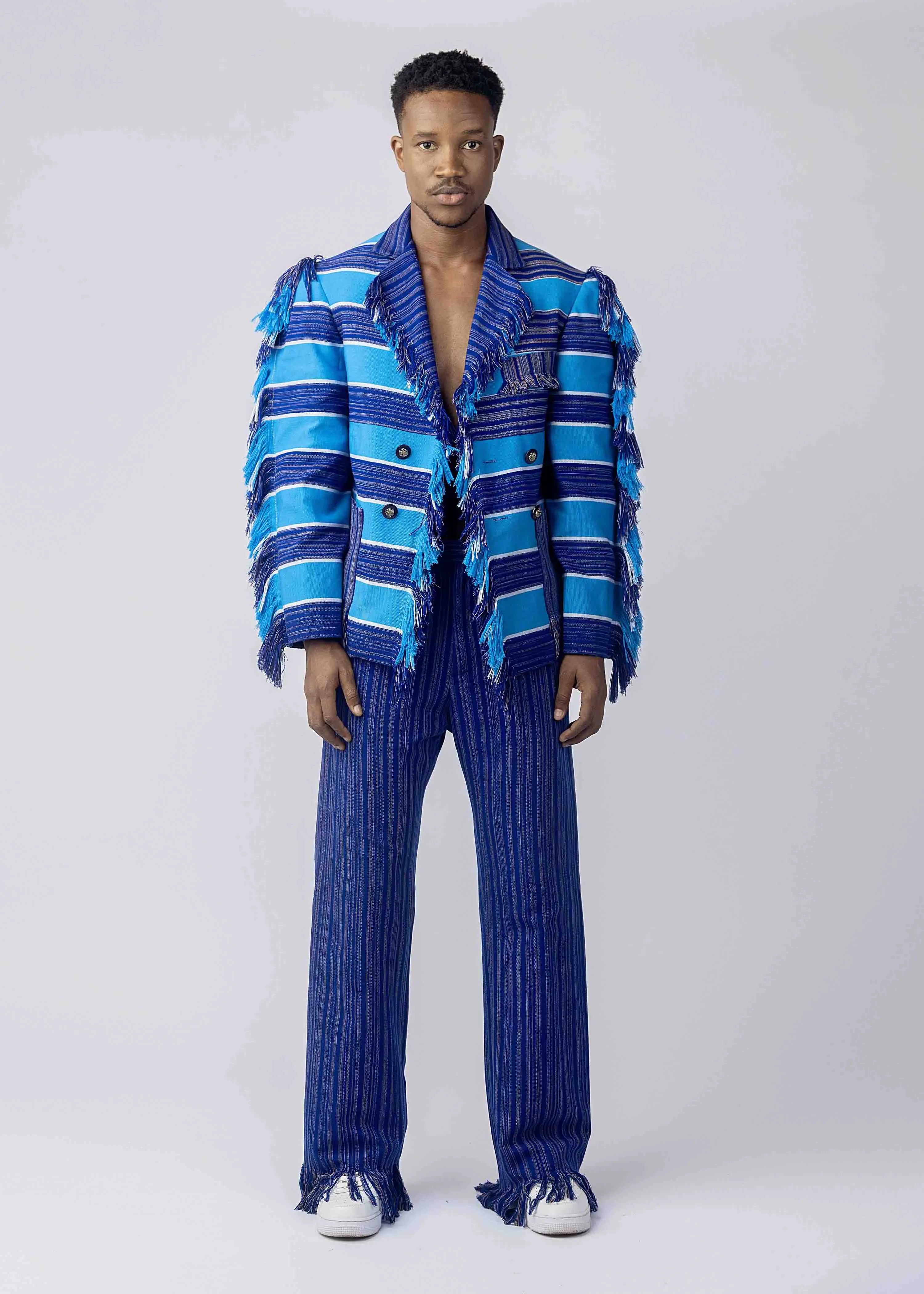 BOYEDOE Busumuru Blue Double Breasted Jacket and Smock Trousers