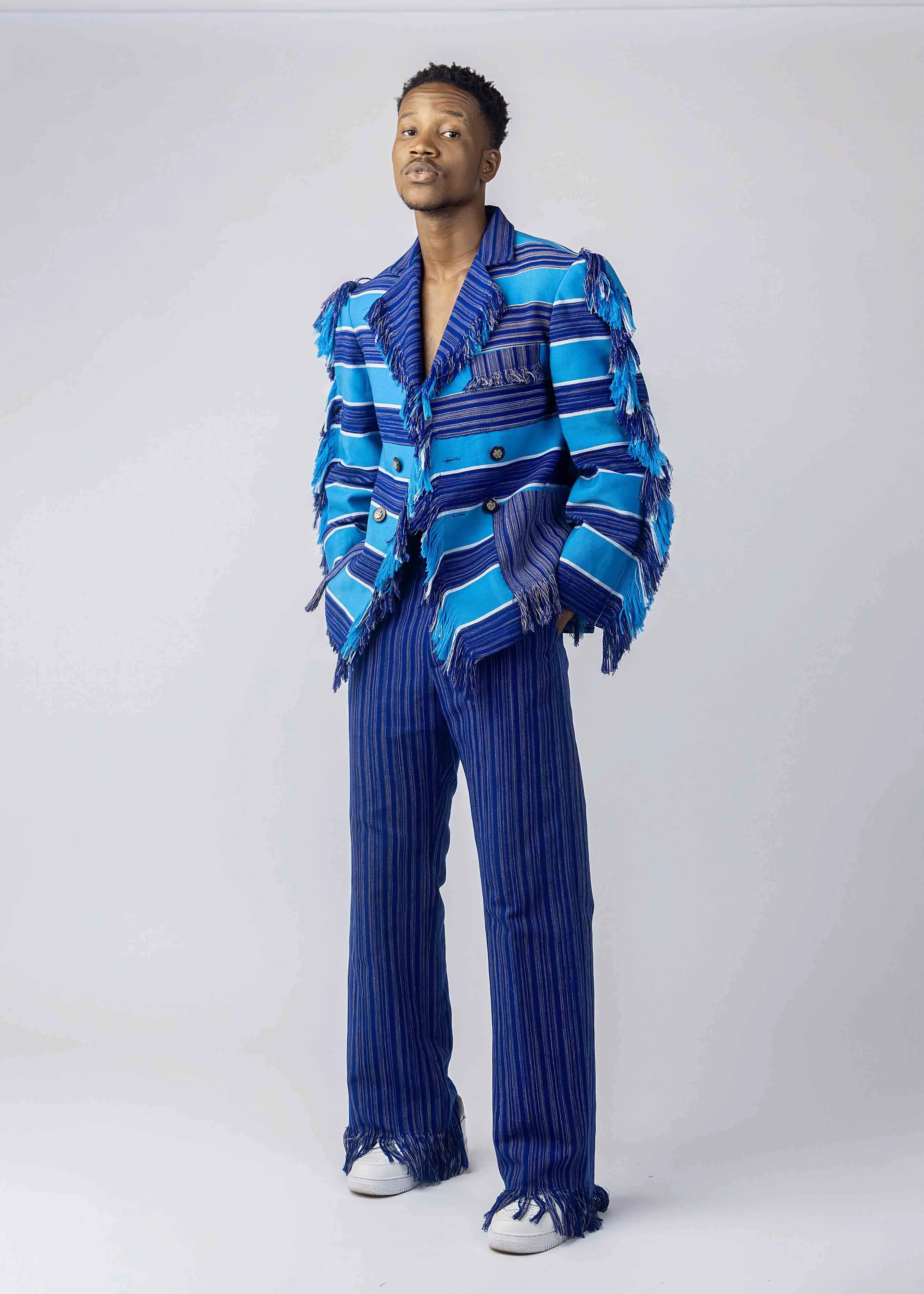 BOYEDOE Busumuru Blue Double Breasted Jacket and Smock Trousers