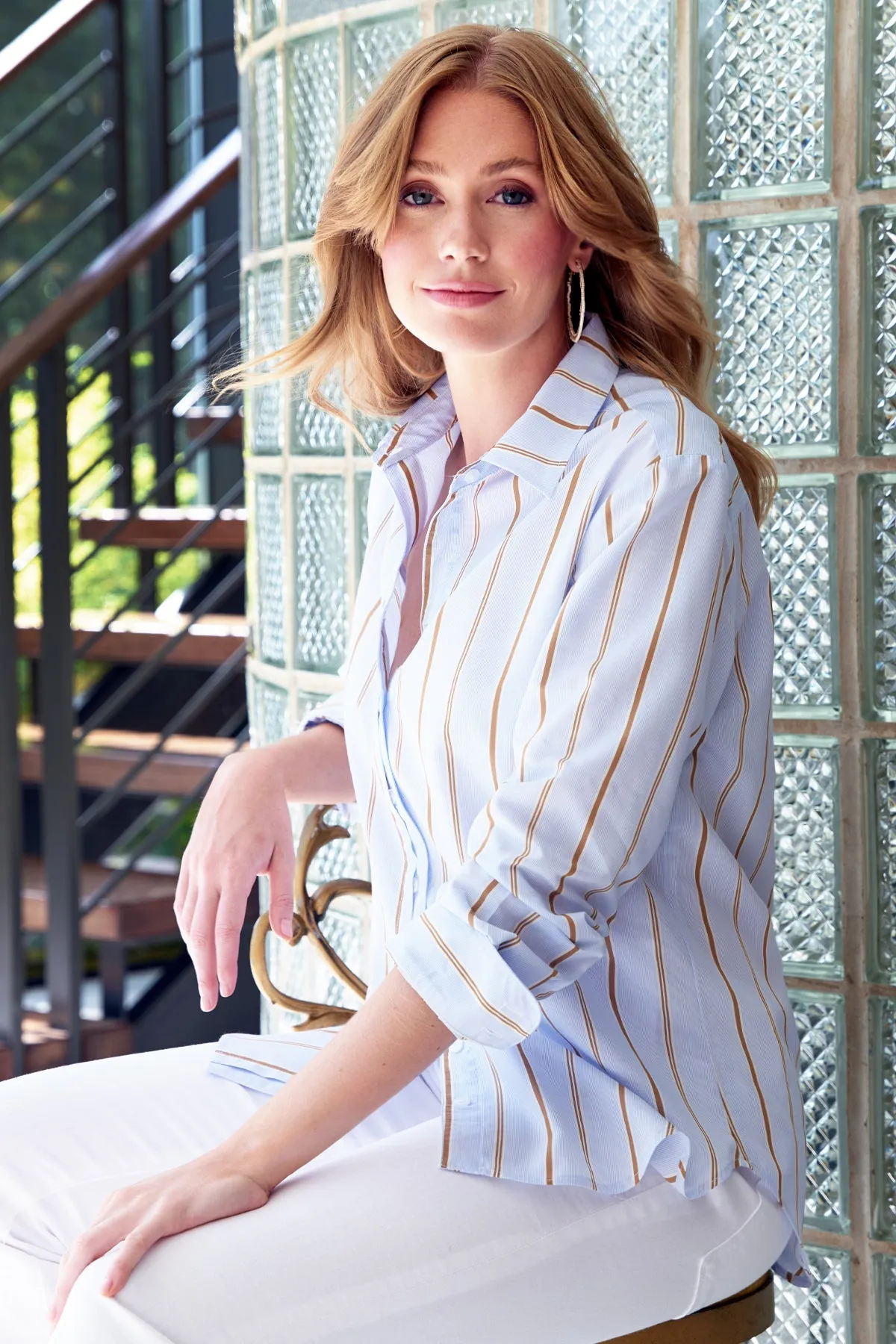 Boyfriend Shirt Blue and Tan Menswear Stripe