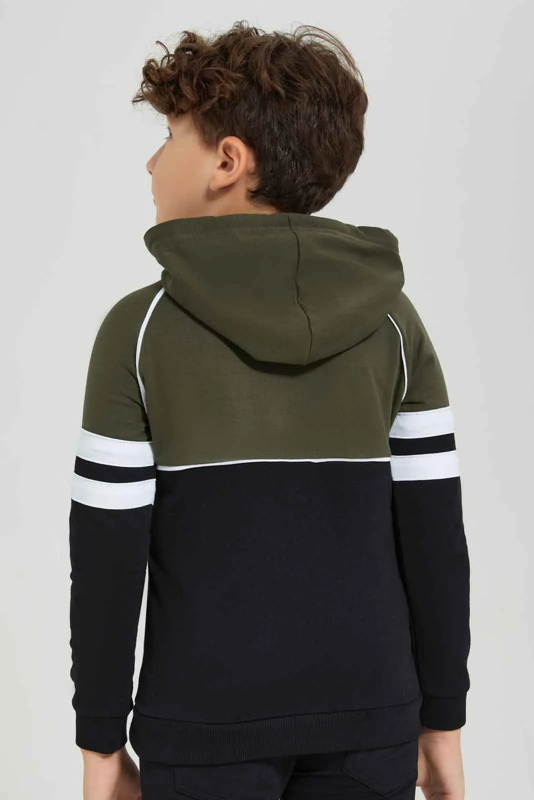 Boys Black And Olive Pocket Hooded Sweatshirt