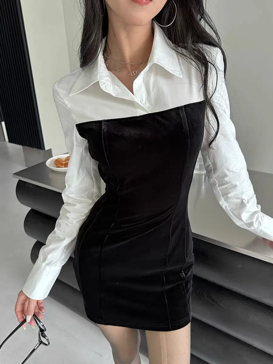 [Brother Luo] American street hot girl high-end black and white contrast fake two-piece shirt dress short skirt (A9982)