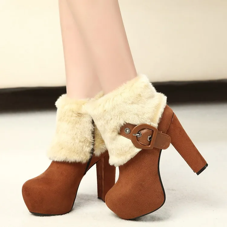 Brown Suede Ankle Fur Platforms High Heels Boots