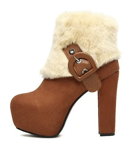 Brown Suede Ankle Fur Platforms High Heels Boots