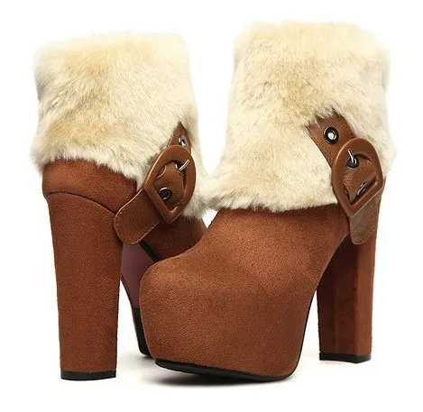 Brown Suede Ankle Fur Platforms High Heels Boots