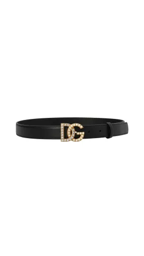 Calfskin Belt with Bejeweled DG Logo - Multicolor