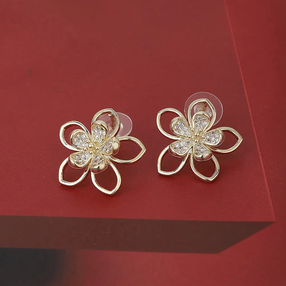 Carlton London Women'S Brass Gold-Plated Cz-Studded Handcrafted Floral Oversized Studs Fje3451