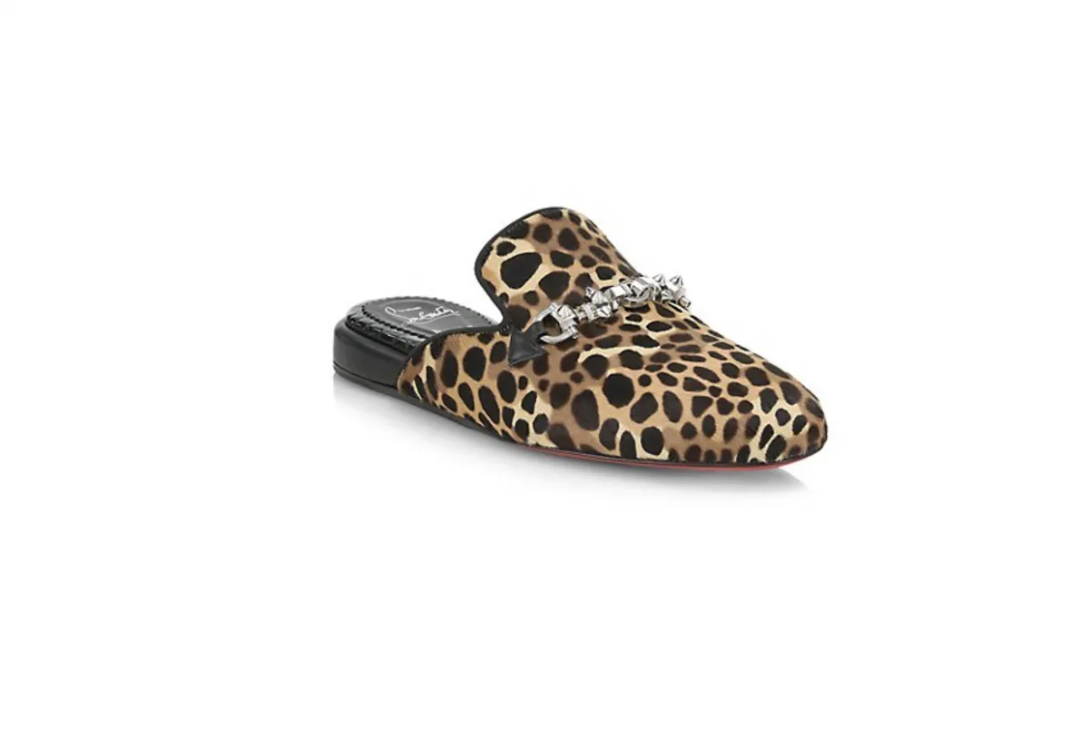 CHRISTIAN LOUBOUTIN COOLITO SWING EMBELLISHED LEOPARD PRINT CALF HAIR MULES