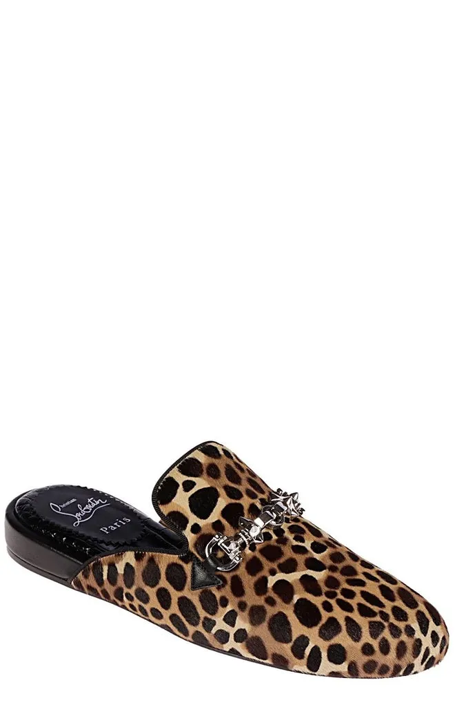 CHRISTIAN LOUBOUTIN COOLITO SWING EMBELLISHED LEOPARD PRINT CALF HAIR MULES