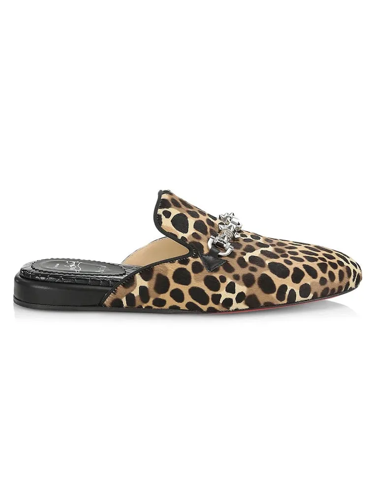 CHRISTIAN LOUBOUTIN COOLITO SWING EMBELLISHED LEOPARD PRINT CALF HAIR MULES