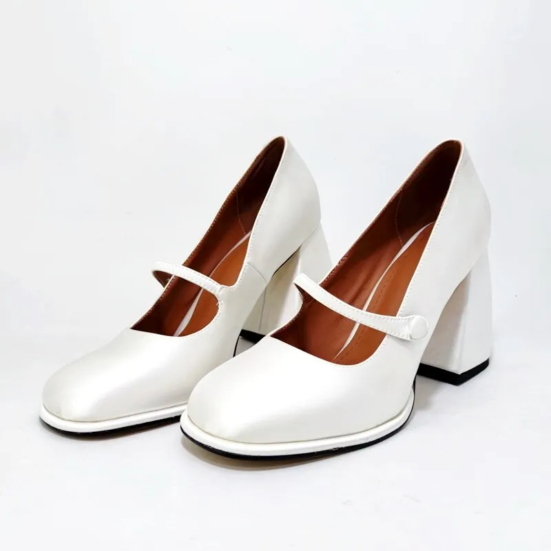 Classic Mary Janes soft leather pumps thick high heels pumps