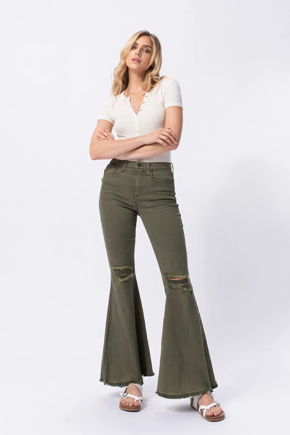 Colleen Bell Bottom Distressed High Waisted Jeans -Olive