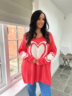 Coral Heart Jumper with Multiple Heart Details - Tina