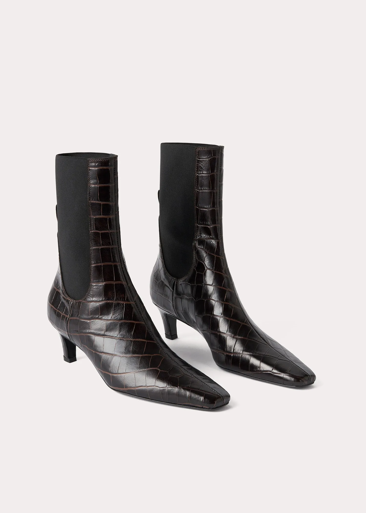 Croco-embossed mid-heel boots dark brown