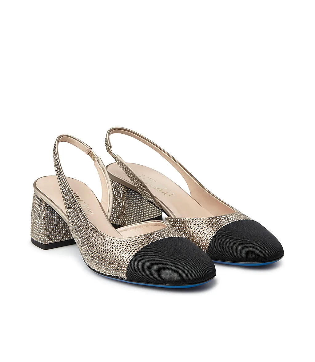 Crystal-embellished Black Gros Grain and Beige Satin Slingback Pumps