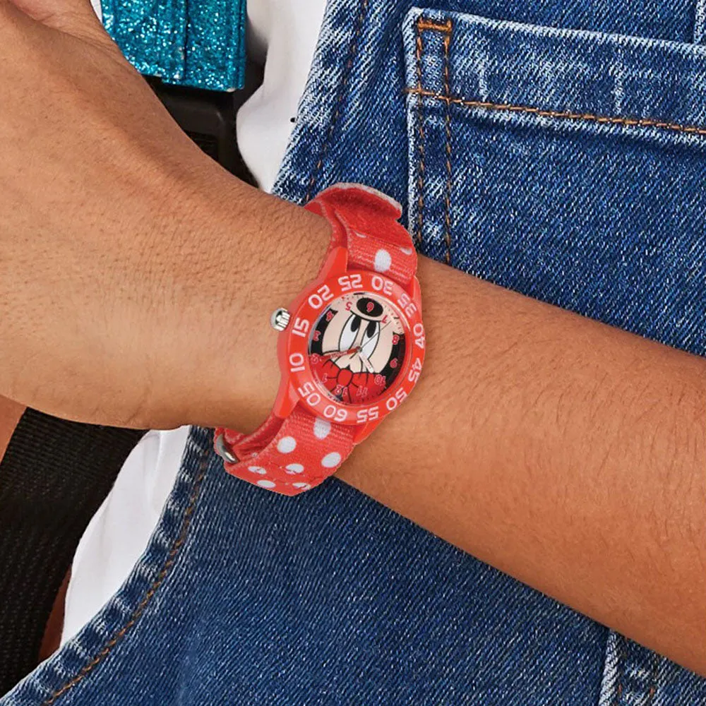 Disney Girls Minnie Mouse Red Time Teacher Watch in Acrylic Case with Velcro Strap