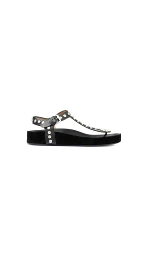 Black Leather Studded Sandals - Enore Flat