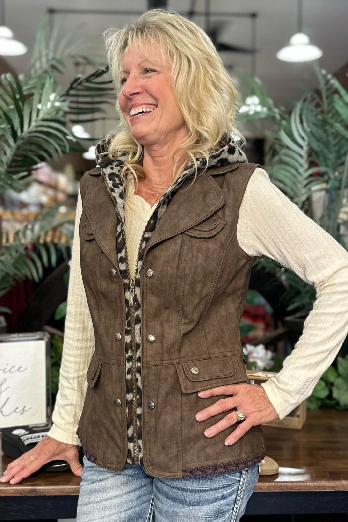 Faux Leather Brown Vest with Wool Inset Hood by Gallop 'n Glitz