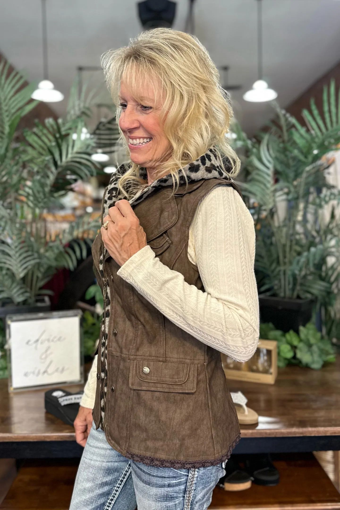 Faux Leather Brown Vest with Wool Inset Hood by Gallop 'n Glitz