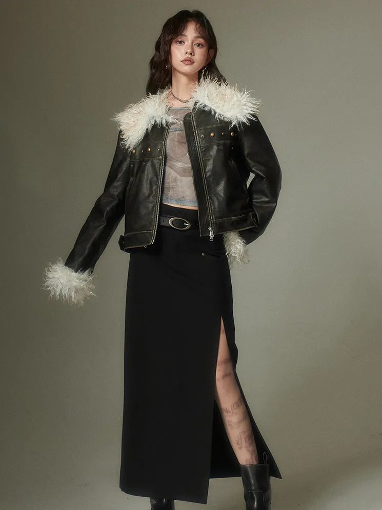 Furry Lapel Leather Jacket