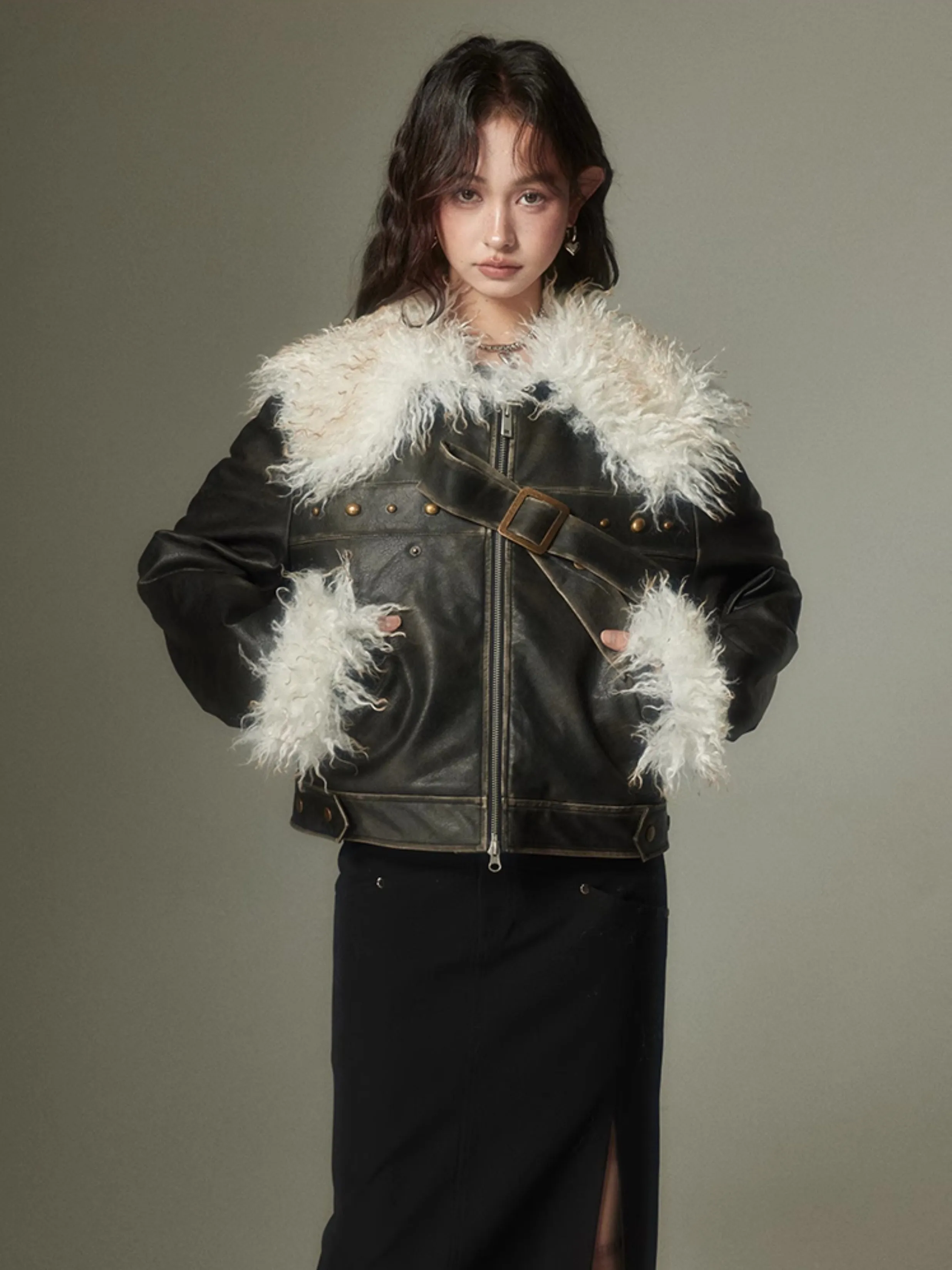 Furry Lapel Leather Jacket