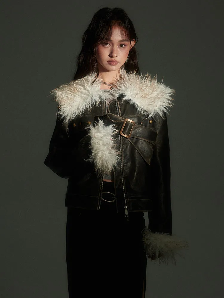 Furry Lapel Leather Jacket