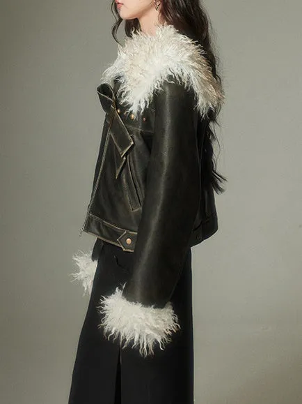 Furry Lapel Leather Jacket