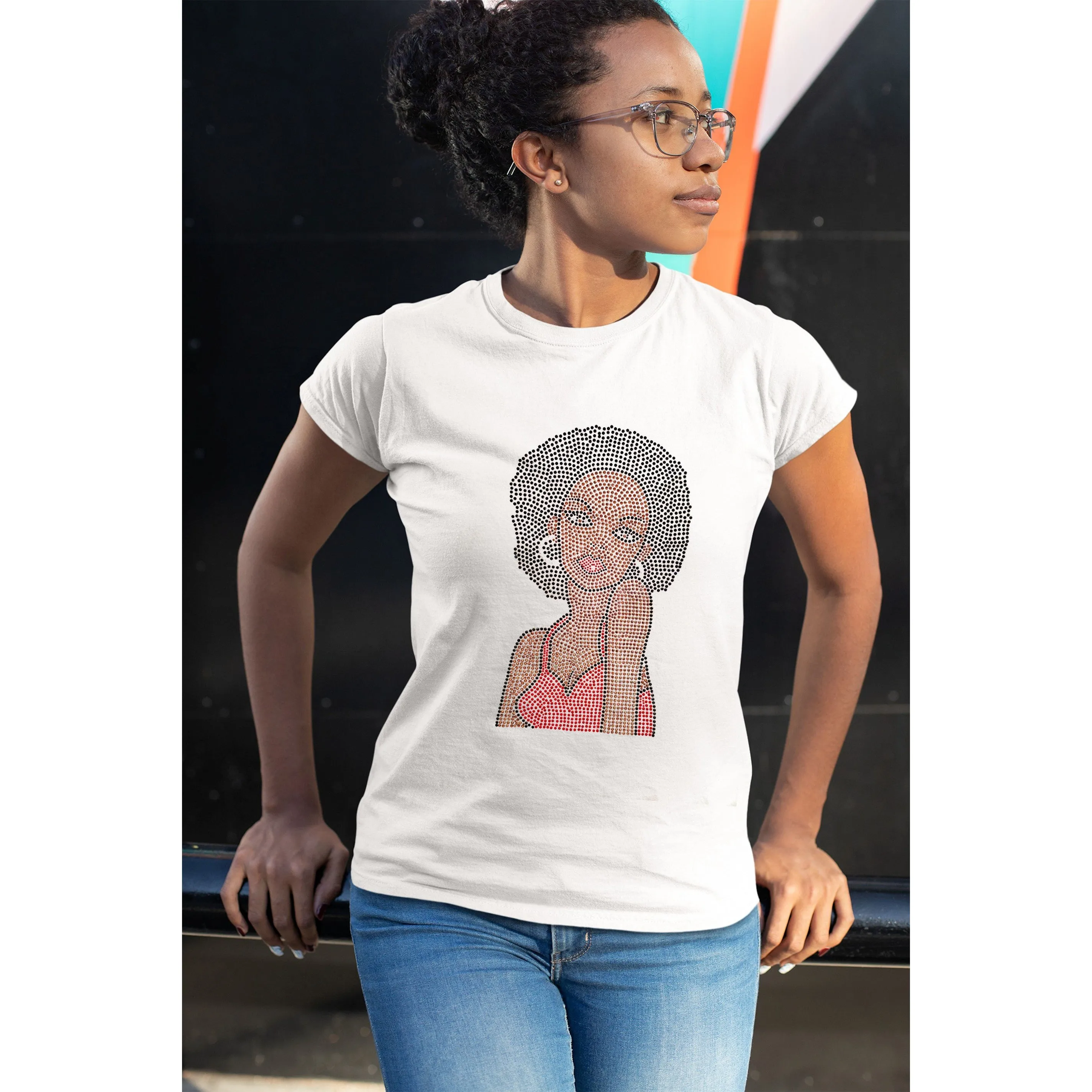 Rhinestone-embellished T-Shirt featuring an Afro Girl named Gigi