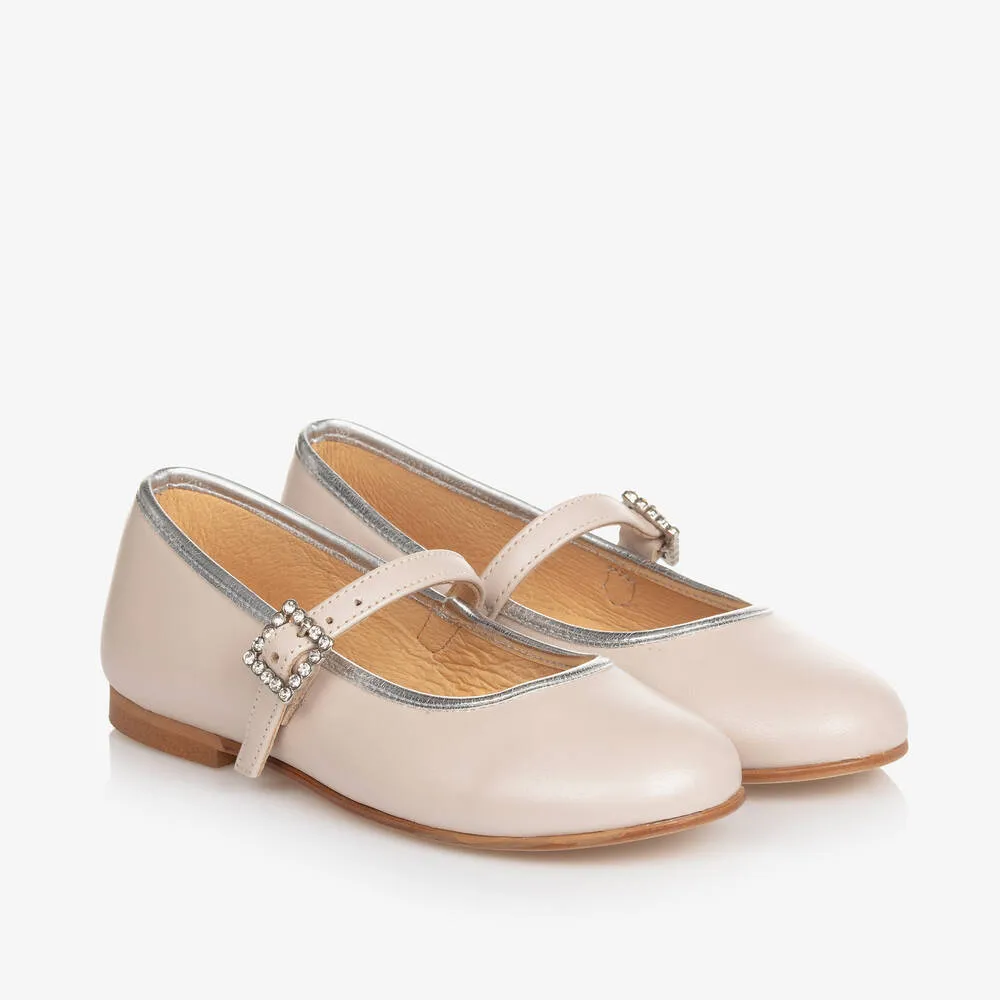 Girls Beige Leather Mary Jane Pumps