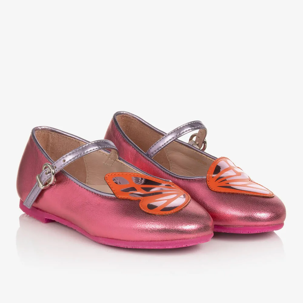 Girls Pink Leather Butterfly Pumps