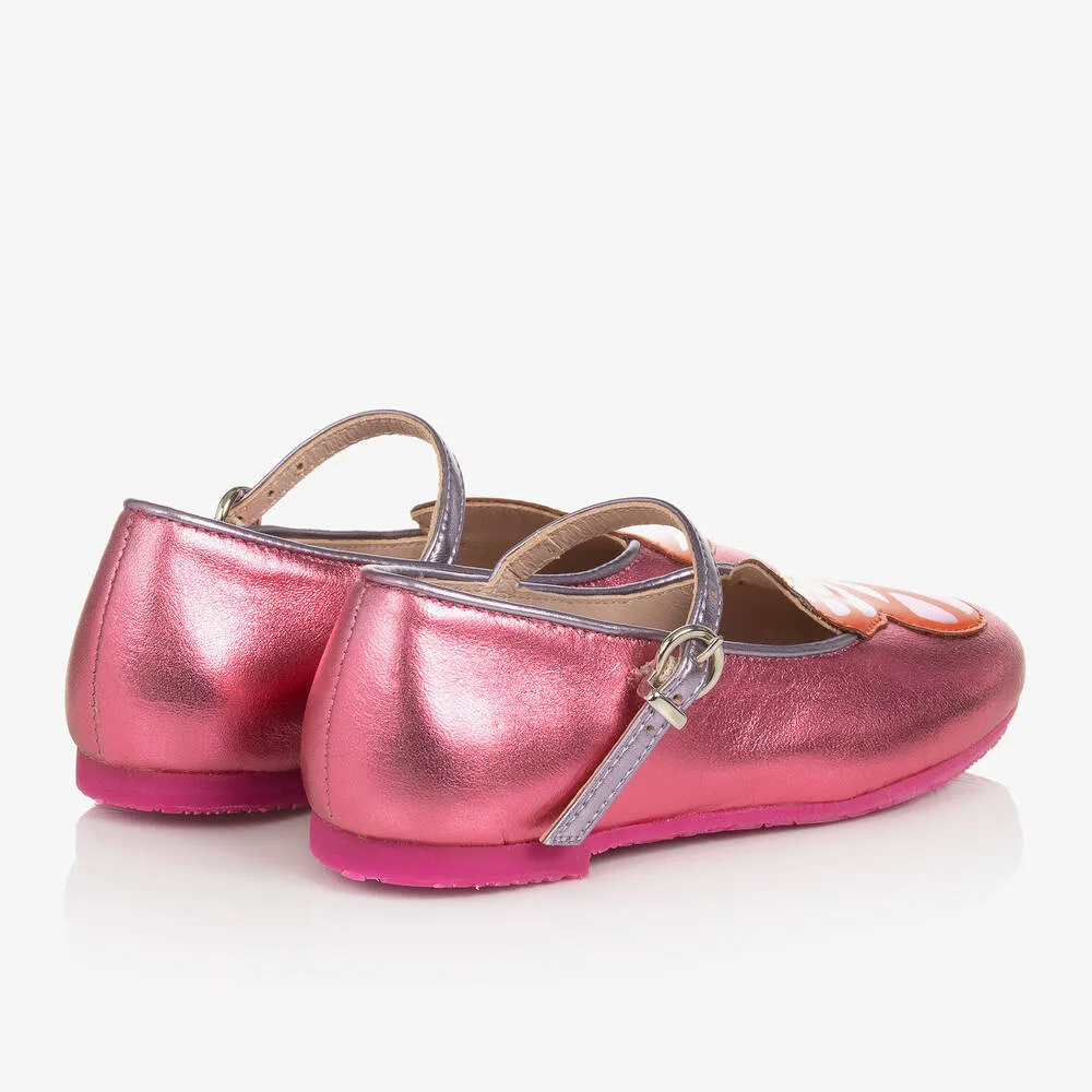 Girls Pink Leather Butterfly Pumps