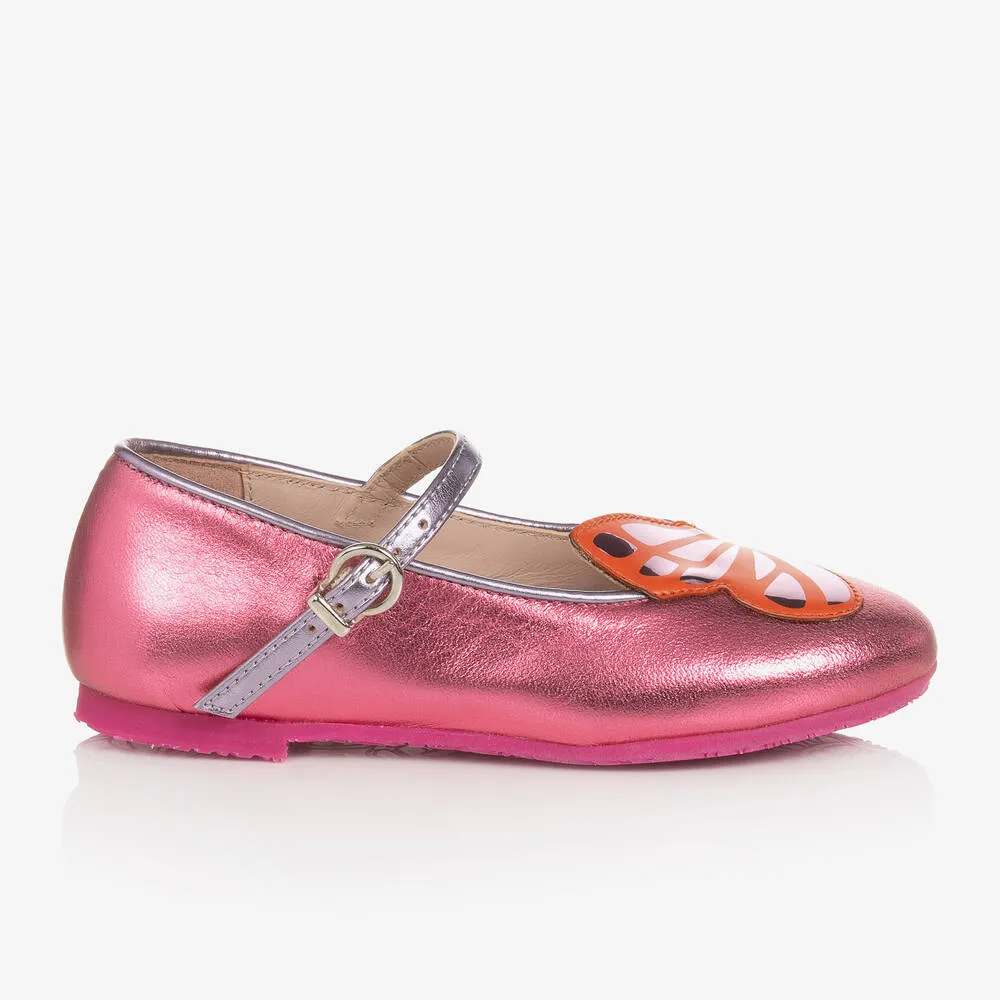 Girls Pink Leather Butterfly Pumps