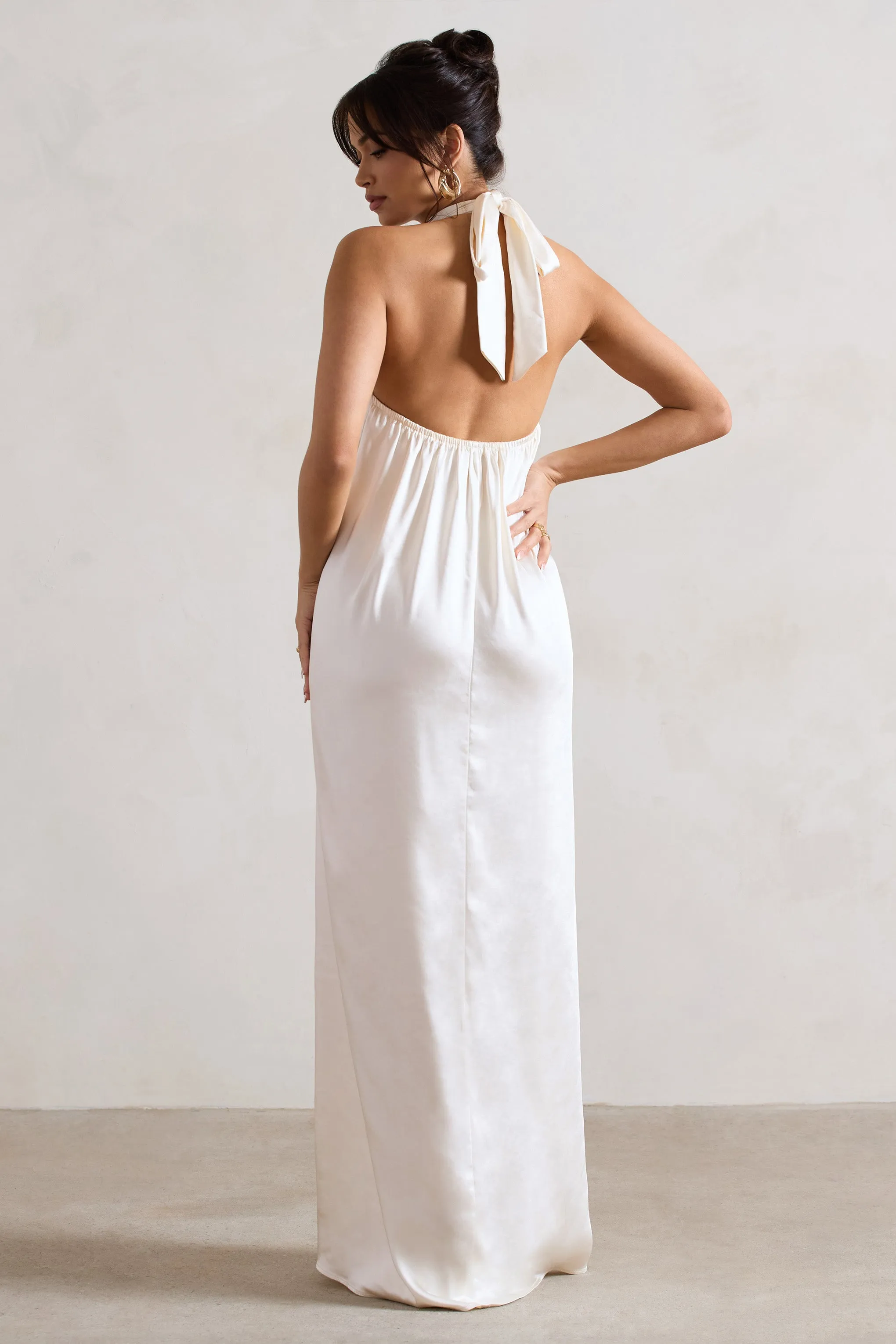 Gloriana Cream Satin Maxi Dress with High Neck