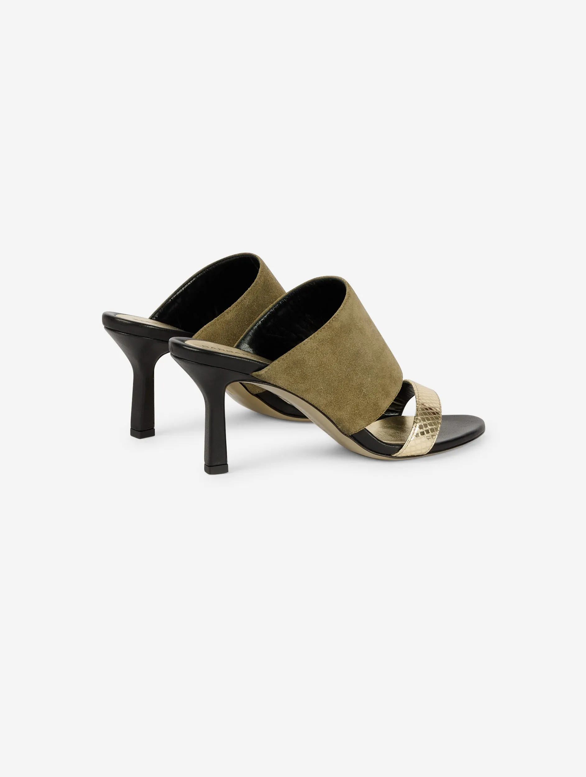 Gold leather and linden green suede heeled mules