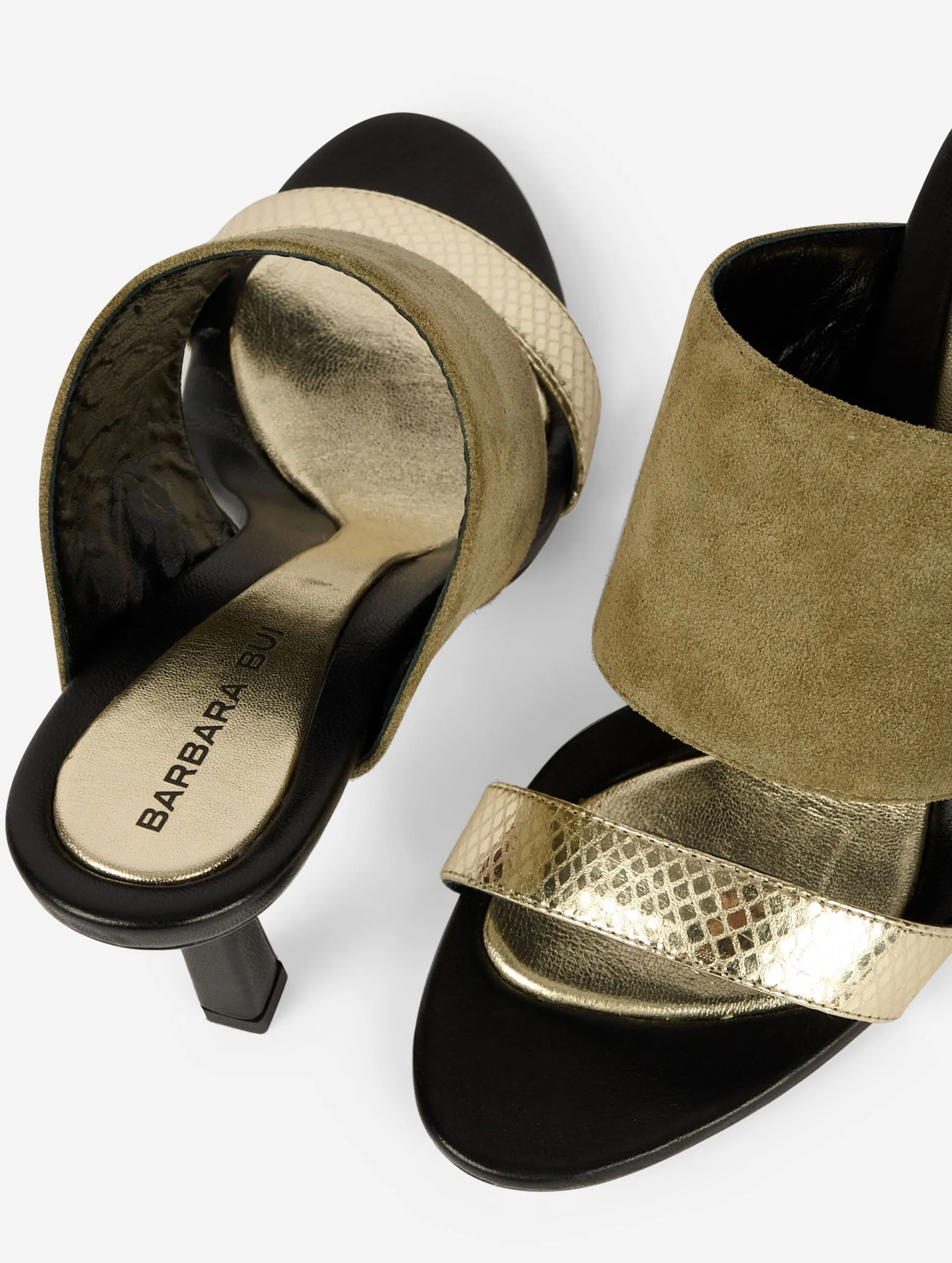 Gold leather and linden green suede heeled mules