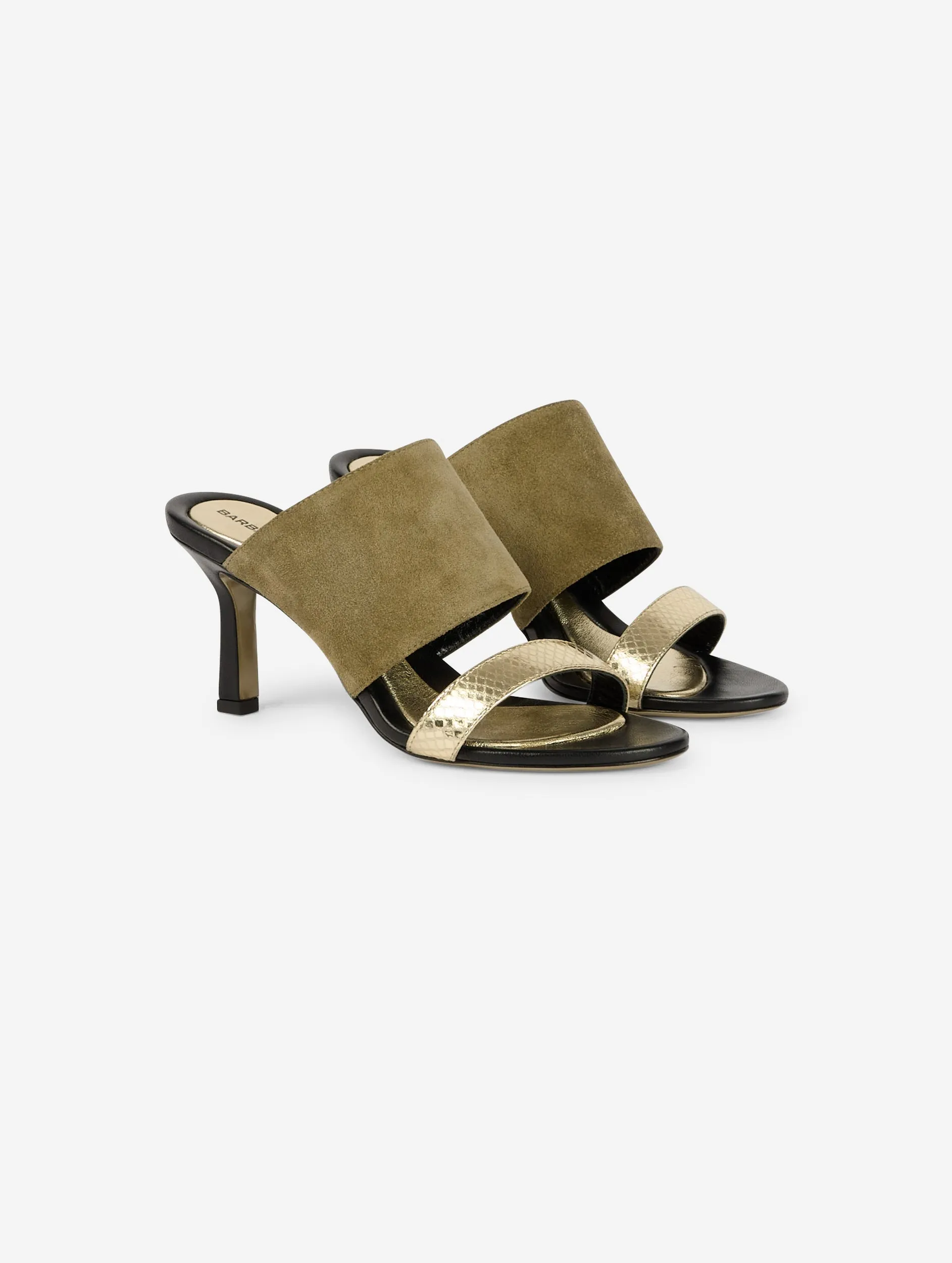 Gold leather and linden green suede heeled mules