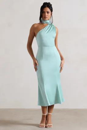 Gold One Shoulder High Neck Flared Midi Dress - Mint Satin