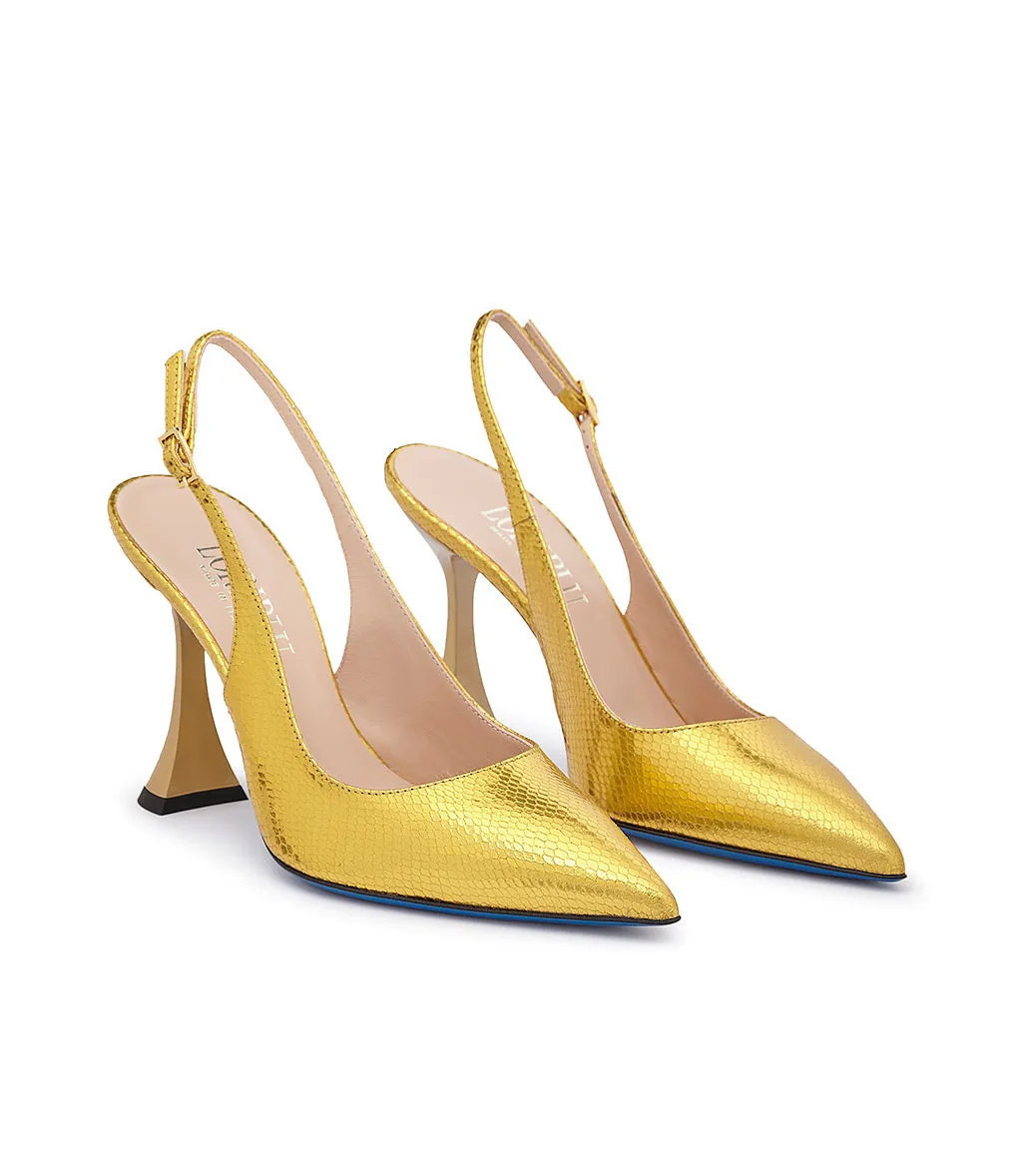 Gold printed leather slingback pumps