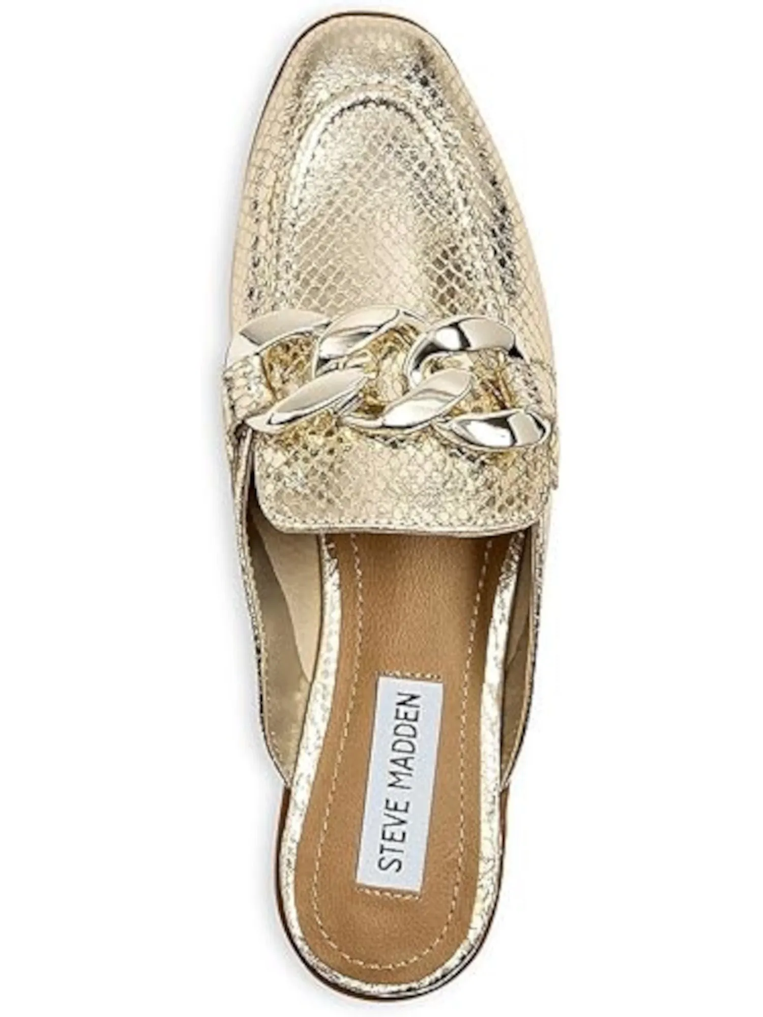 Gold Snake Embossed Chain Detail Slip On Dress Mules by STEVE MADDEN - Women's Almond Toe Heels