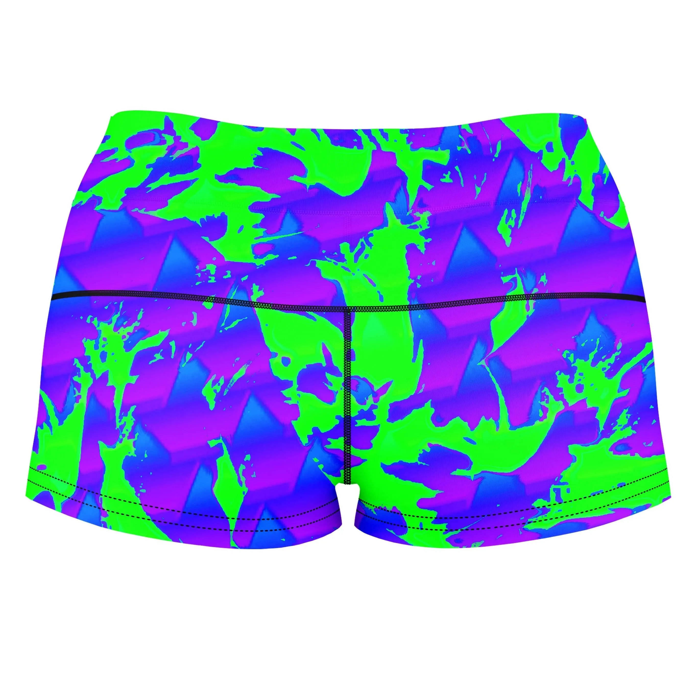 Green and Purple Hypno Splatter High-Waisted Women's Shorts