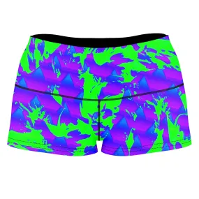 Green and Purple Hypno Splatter High-Waisted Women's Shorts