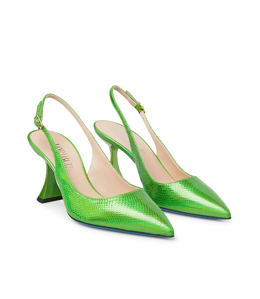 Green printed leather slingback pumps in acid hue