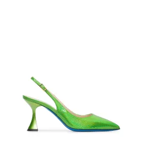 Green printed leather slingback pumps in acid hue