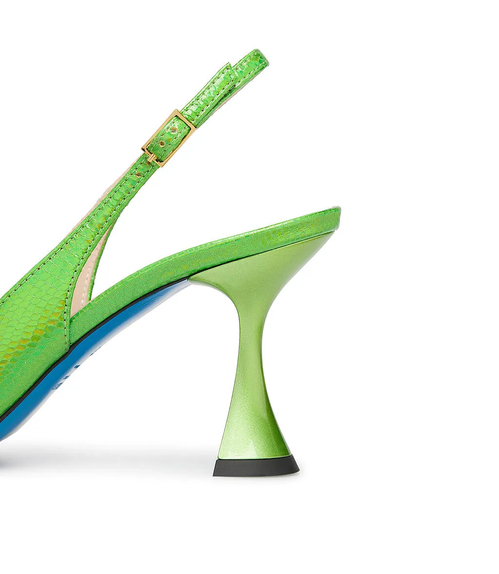 Green printed leather slingback pumps in acid hue