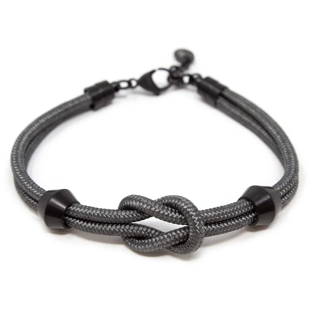 Grey Nylon Paracord Bracelet with Stainless Steel Knot and Black Beads