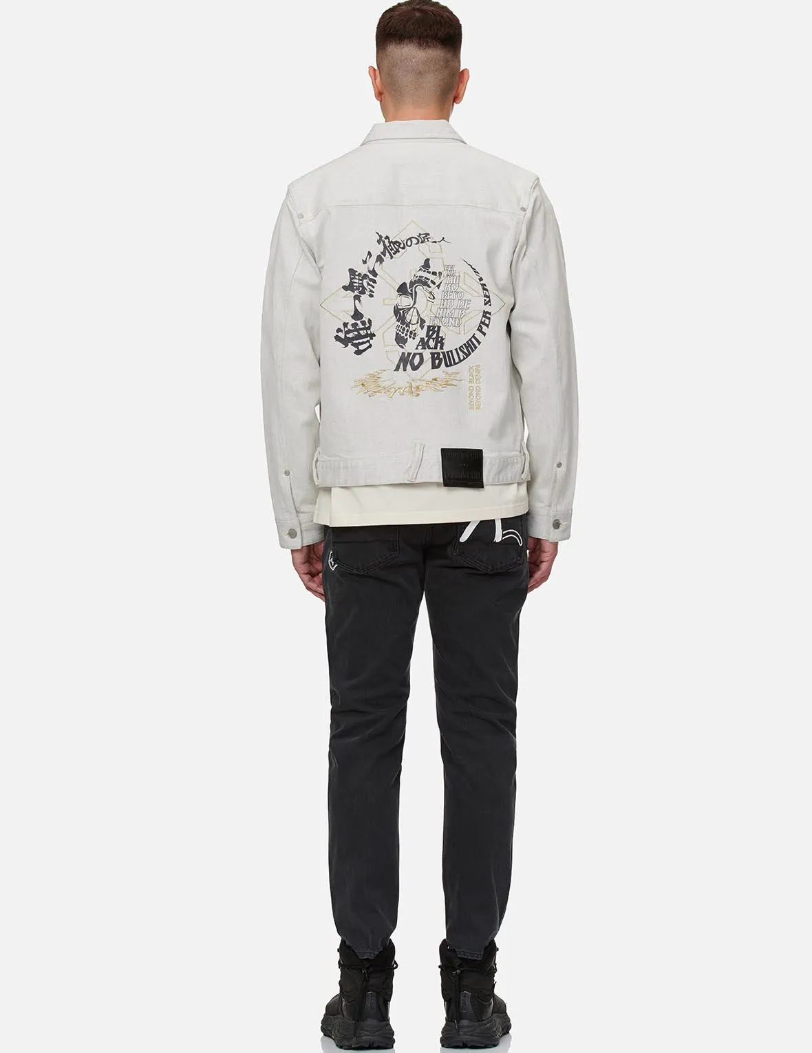 Hannya Skull and Slogan Print Denim Jacket