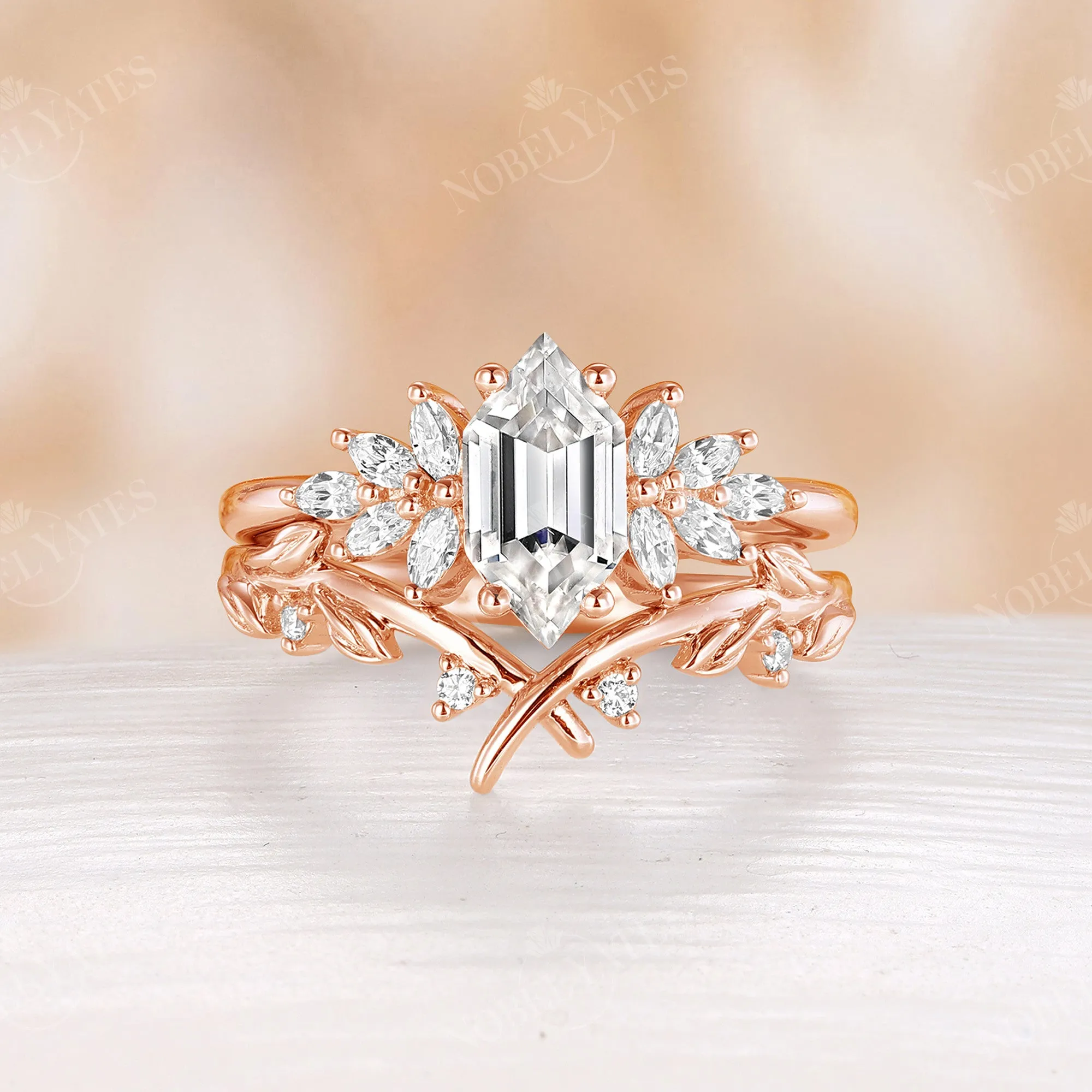 Hexagon Moissanite Cluster Nature Leaf Curved Band Bridal Set Rose Gold