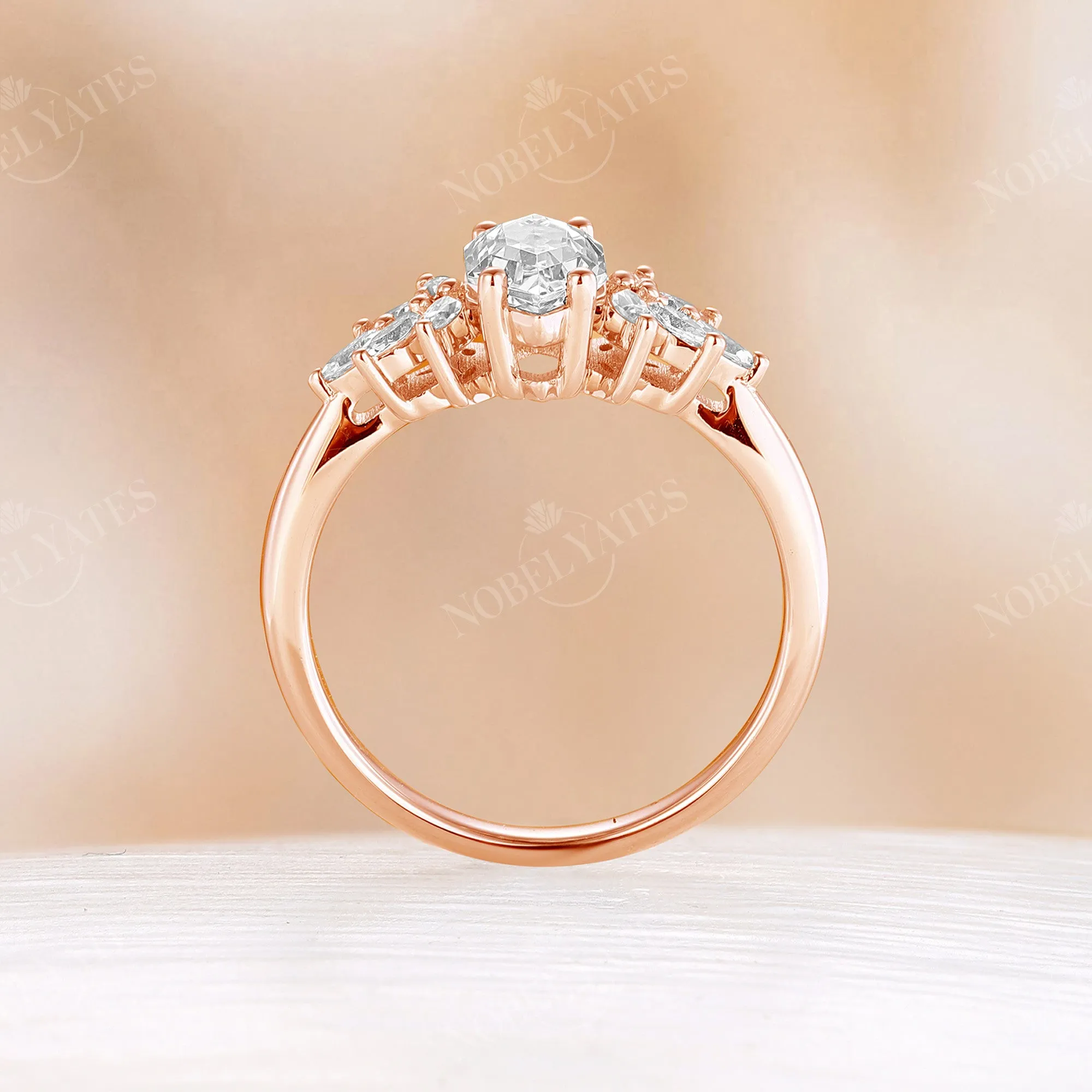 Hexagon Moissanite Cluster Nature Leaf Curved Band Bridal Set Rose Gold