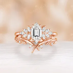 Hexagon Moissanite Cluster Nature Leaf Curved Band Bridal Set Rose Gold