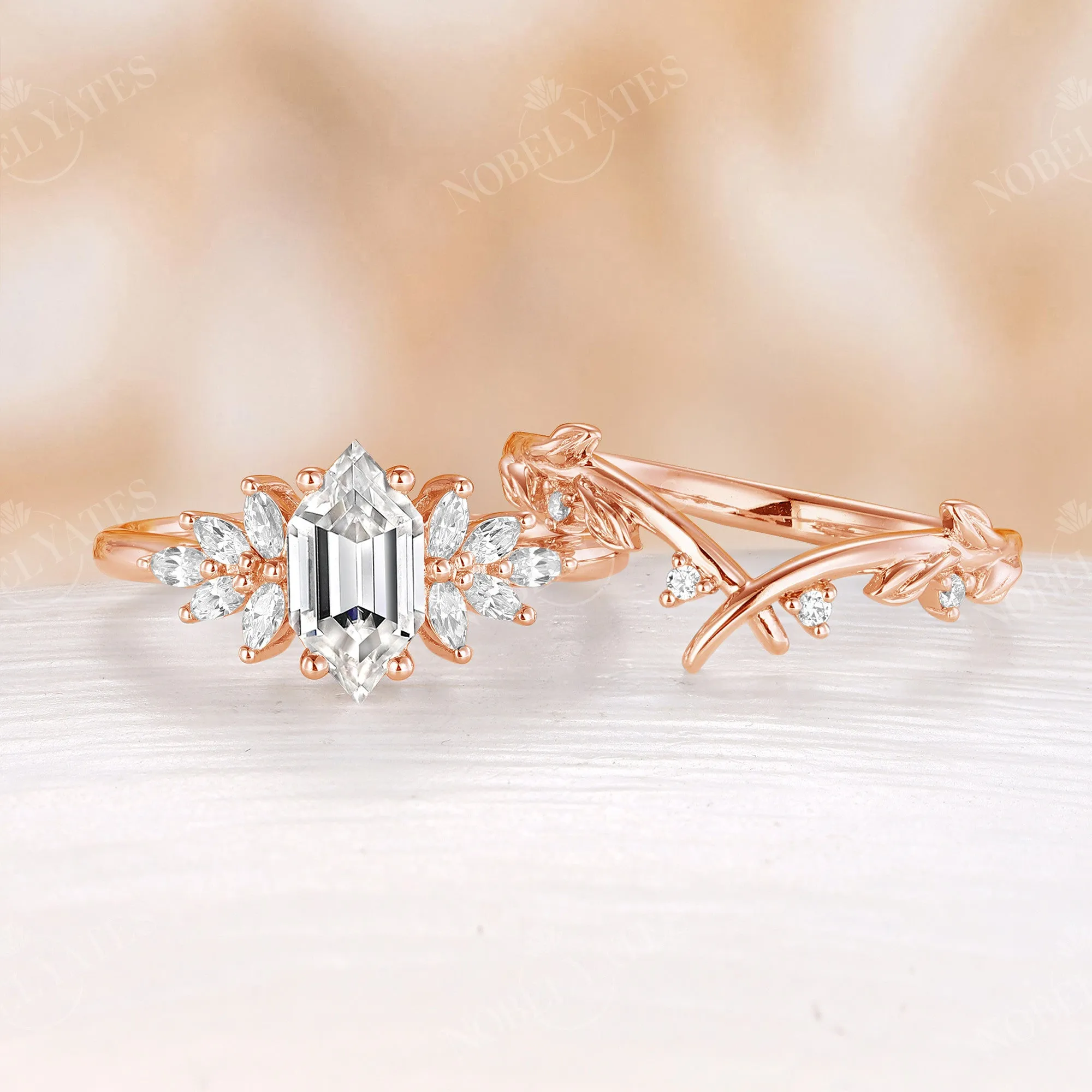 Hexagon Moissanite Cluster Nature Leaf Curved Band Bridal Set Rose Gold